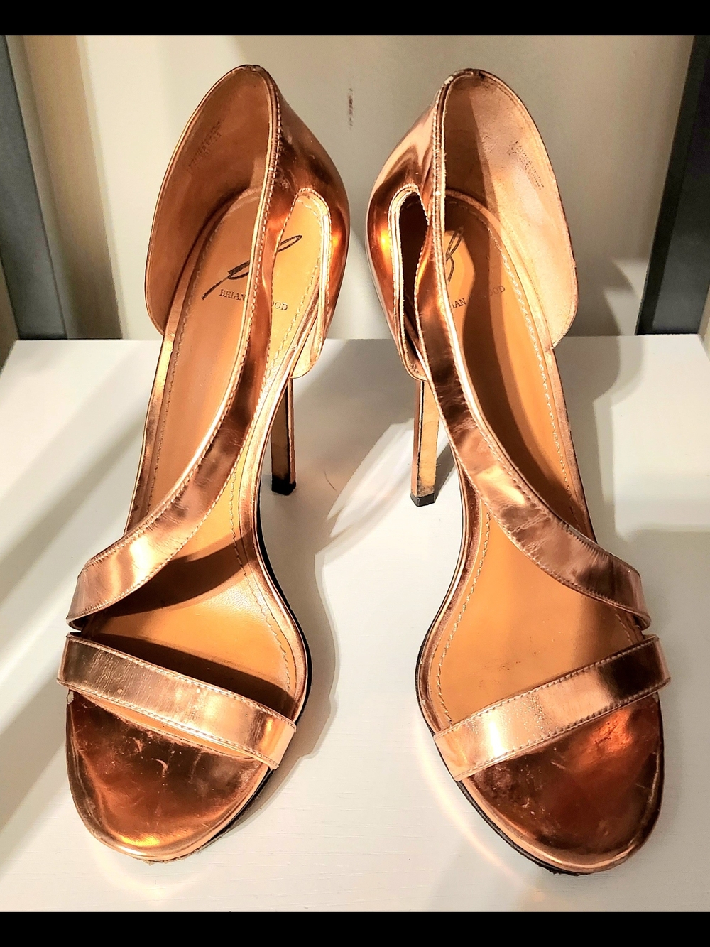 Brian Atwood 'Consort' Metallic Rose Gold/Copper Strappy Platform Heels